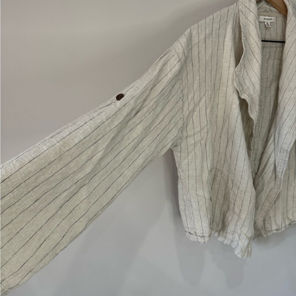 Max Studio linen blend pin striped boxy rolled up sleeve open front blazer XL - Picture 4 of 9